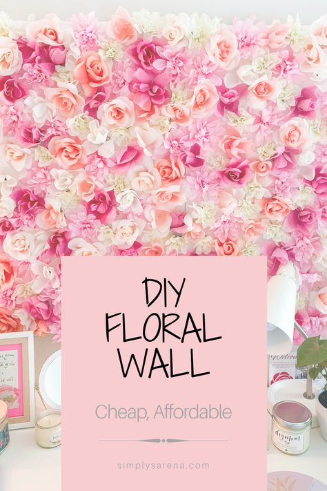 DIY Floral Wall Mural. This Floral Wall is cheap, affordable, and all supplies are from the Dollar Tree! It's perfect decor for a bedroom, kids room, home office, etc. This Floral Wall was super easy to make and only took a couple hours! Home Office Flower Wall, Rose Wall Bedroom Decor, Affordable Photo Backdrop, Flower Feature Wall Bedroom, How To Do A Flower Wall Backdrop, Rose Wall Decoration, Diy Pink Flower Wall, Roll Up Fabric Flower Wall, Diy Backdrop Flowers