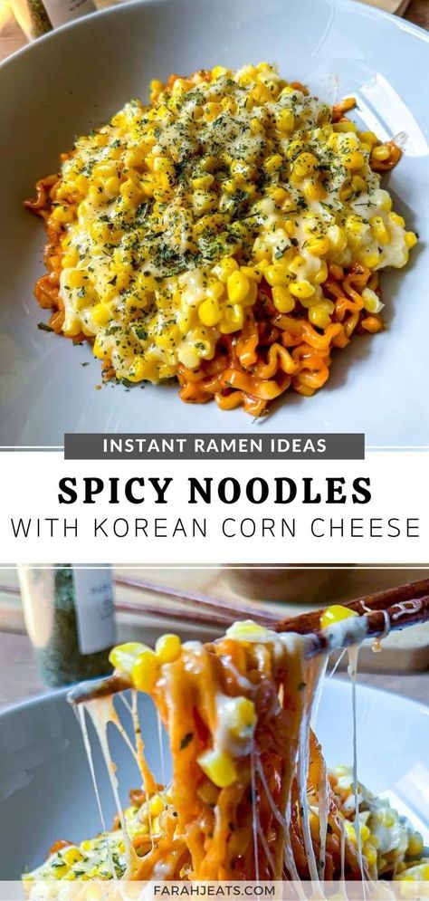 Top photo is of spicy noodles served in a white plate, with Korean corn cheese poured over the noodles. The bottom photo is of wooden chopsticks pulling a bit of the noodles and corn cheese above the plate. Korean Corn Cheese Recipe, Korean Corn Cheese, Noddle Recipes, Spicy Korean Food, Potato Waffle Recipe, Best Ramen Noodles, Ramen Noodle Recipes Easy, Cheese Ramen, Ramen Dinner