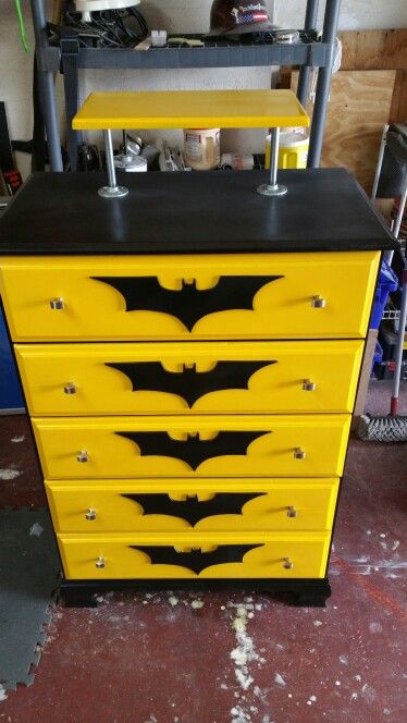 Our batman  dresser Batman Furniture, Batman Room Decor, Batman Bedroom, Batman Room, Superhero Bedroom, Superhero Room, Dresser Design, Gotham City, Luhan