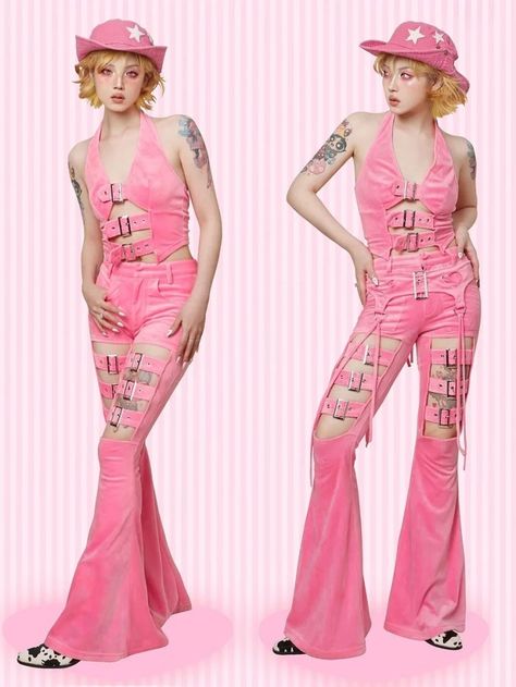 Pink Cutout Barbiecore Fishtail Pants Pink Popstar Outfit, Pink Cowboy Outfit, Hot Pink Clothes, Halloween Barbie Costume, Halloween Costumes Inspiration, Cowboy Barbie, Pink Succubus, Pink Flare Pants, Halloween Barbie