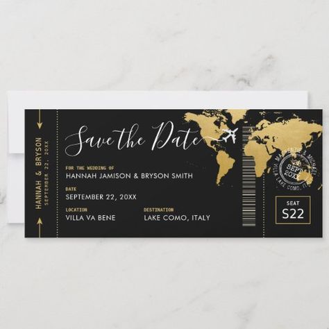 Boarding Pass Save The Date Black World Map Invitation #zazzle #weddinginvitations #birthdayinvitations #babyshowerinvitations #zazzleinvitations #monogram #businesscards #graduation #homedecor Boarding Pass Birthday Invitation, Boarding Pass Save The Date, Save The Date Black, Map Invitation, Boarding Pass Invitation, Passport Invitations, Neon Birthday, Destination Wedding Invitations, Gold Invitations