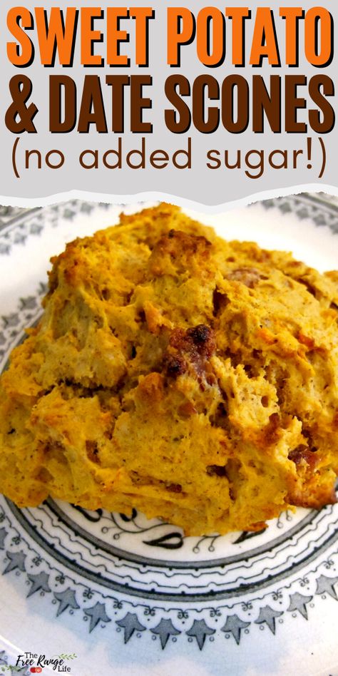 Are you looking for a sweet treat with out the sugars or syrups? These Sweet Potato-Date scones rely on the natural sweetness of the potatoes and dates, giving just enough to make a tasty breakfast or snack. Easy recipe that's healthy and made of real food! Mevy Diet, Sweet Potato Scones Recipe, Sweet Potato Dessert Recipes, Date Scones, Sweet Potato Dessert, English Scones, Homestead Recipes, Snack Easy, Vegetable Harvest