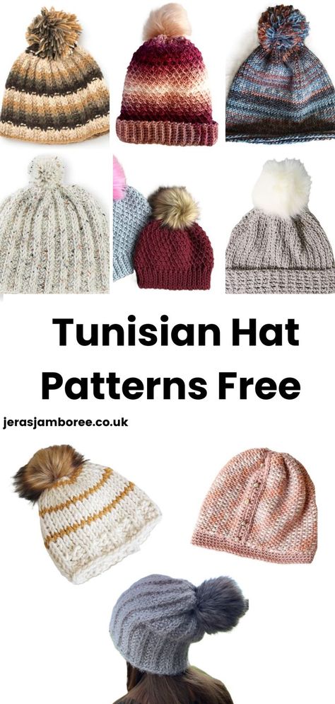 montage of different designs of Tunisian Crochet Hats Tunisian Crochet Hat, Tunisian Crochet Projects, Tunisian Crochet Free, Crochet Hat Patterns, Tunisian Crochet Pattern, Tunisian Crochet Patterns, Hat Patterns Free, Crochet Hats Free Pattern, Crochet Winter