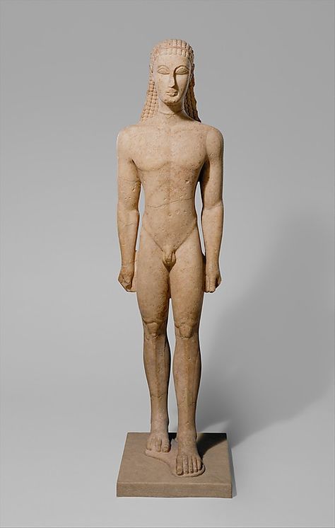 Marble statue of a kouros (youth)  Period: Archaic Date: ca. 590–580 B.C. Culture: Greek, Attic Medium: Marble, Naxian Dimensions: H. without plinth 76 5/8 in. (194.6 cm); H. of head 12 in. (30.5 cm); length of face 8 7/8 in. (22.6 cm); shoulder width 20 5/16 in. (51.6 cm) Classification: Stone Sculpture Credit Line: Fletcher Fund, 1932 Accession Number: 32.11.1 Ancient Greek Statues, Archaic Greece, Ancient Greece Art, Art Content, Ancient Greek Sculpture, Ancient Greek Art, Grece Antique, Fall Semester, Greek Sculpture