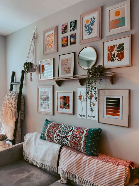 #mcm #bohoapartment #tinyapartment #apartmentdecor #gallerywall Mix And Match Gallery Wall, Boho Mcm, Mcm Living, Mirror Vinyl, Gallery Wall Living Room, Arch Design, Room Stuff, Apartment Aesthetic, Photo Frame Gallery