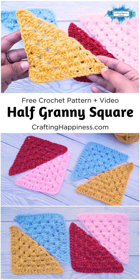 Learn how to crochet a half granny square using my free written pattern and video tutorial on Crafting Happiness. Half Granny Square, Granny Square Pattern Free, Granny Square Projects, Granny Square Crochet Patterns Free, Crochet Bedspread Pattern, Crochet Quilt, C2c Crochet, Crochet Inspo, Afghan Crochet