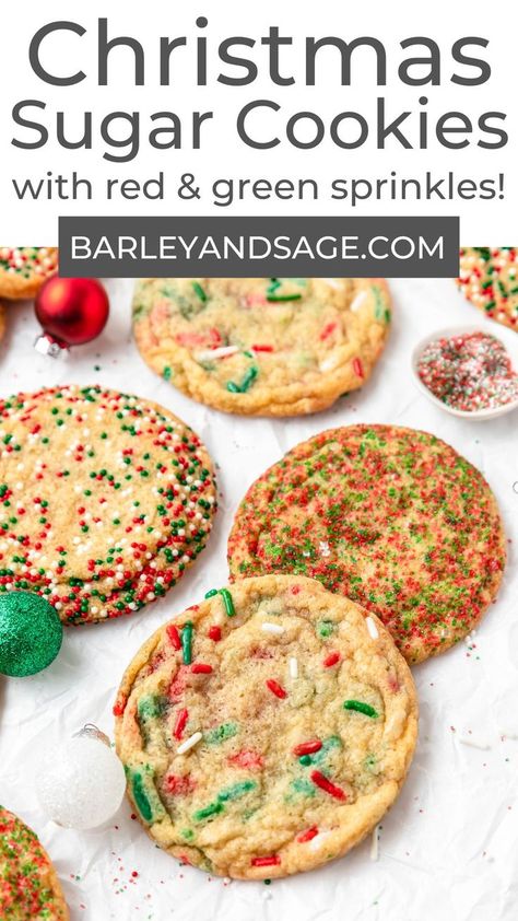 These soft and chewy Christmas sugar cookies are made with festive red and green sprinkles for easy, kid-friendly Christmas cookies! Adapted from my favorite chewy sugar cookies, these have a peppermint cookie base topped with Christmas sprinkles! Peppermint Cookie, Cookies With Sprinkles, Sugar Cookies With Sprinkles, Peppermint Sugar Cookies, Cookie Base, Peppermint Sugar, Chewy Sugar Cookies, Christmas Sprinkles, Peppermint Cookies