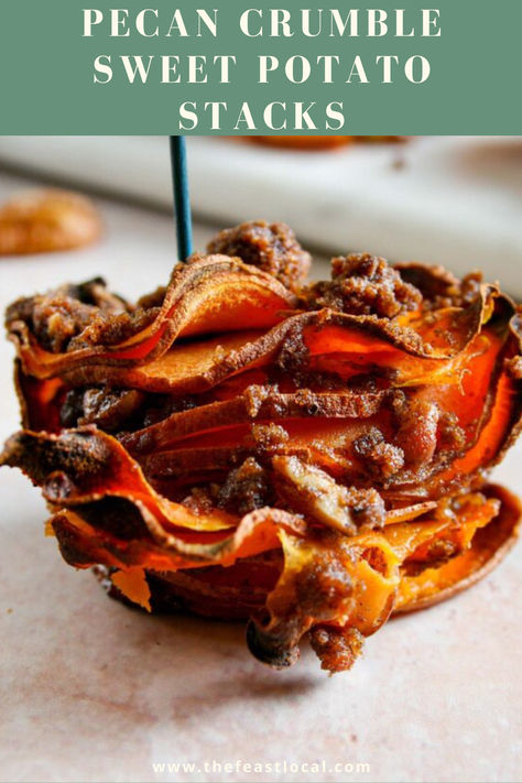 Indulge in fall flavors with Pecan Crumble Sweet Potato Stacks—precision sliced with a mandolin, baked in 4oz ramekins for effortless elegance Sweet Potato Stacks, Pecan Crumble, Potato Stacks, Cinnamon Nuts, Fresh Dishes, Fall Flavors, Autumn Flavors, Effortless Elegance, Mandolin