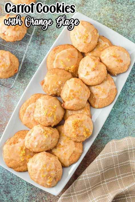 Overhead view of Carrot Cookies with Orange Glaze on a white platter. Mashed Carrots, Sugar Foods, Finger Desserts, No Bake Cherry Cheesecake, Orange Icing, Carrot Cookies, Festive Recipes, Orange Glaze, Favorite Cookie Recipe