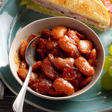 An unusual twist on traditional baked beans, this sweet and spicy version is easy to make and is a surefire crowd pleaser—in winter or summer! —Bette Banjack, Norristown, Pennsylvania Baked Lima Beans, Summer Slow Cooker, Lima Bean Recipes, Spicy Steak, Summer Slow Cooker Recipes, Beans With Bacon, Baked Bean Recipes, Lima Bean, Bacon Recipe