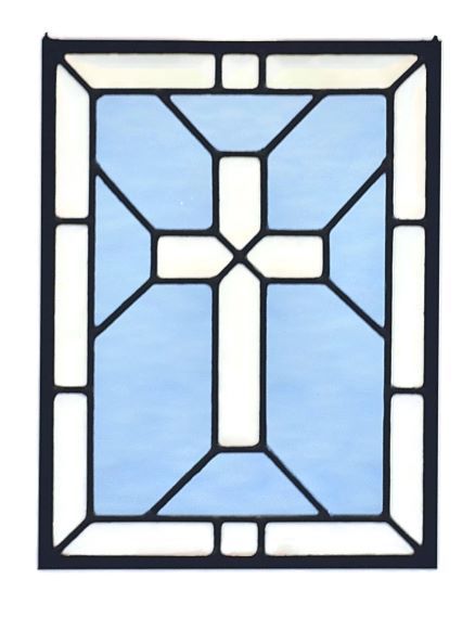 This religious stained glass panel features pale blue waterglass 'flowing' around a clear beveled cross and kept within bounds by a bevel border. It brings to mind the verse: "He leads me beside still waters"...Psalm 23:2 This cross stained glass window offers a gentle invitation. Dimensions: 9.5"w x 12.5"h Construction: Traditional lead and putty construction. Time to craft: 4-6 weeks Traditional Stained Glass Panels, Smash Glass, Beside Still Waters, زجاج ملون, Stained Glass Patterns Free, Cross Quilt, Wine Glass Art, Stained Glass Decor, Church Windows