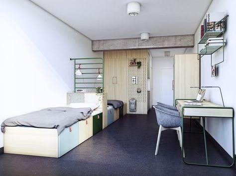 Meet the designer dorm room. Luxe private student housing complexes are on the rise in Europe. So are stylish dorm-style hostel hotels. Dorm Bunk Beds, Dorm Room Chairs, Korean Bedroom, Study Room Small, Dorm Chairs, Student Bedroom, Cheap Dorm Decor, Dormitory Room, Dorm Style