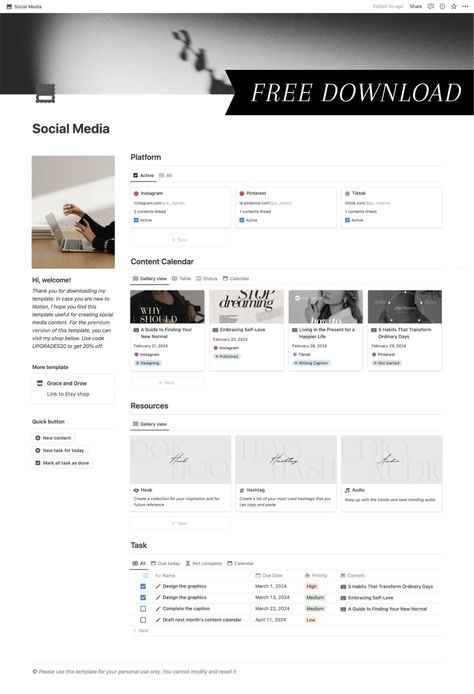 Free Notion Template Social Media Planner Notion Template Social Media Manager, Social Media Notion Template, Social Media Planner Notion, Content Calendar Notion, Notion Social Media Planning, Notion Content Planner Template, Social Media Content Planner Template, Social Media Manager Template, Notion Social Media Template