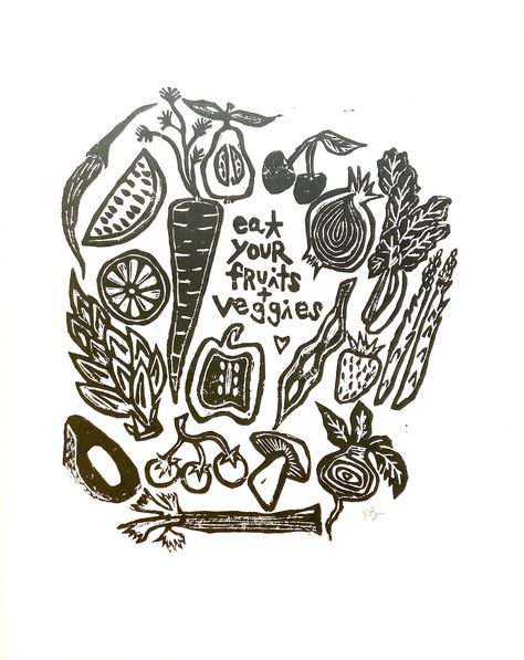 "This print is an originally hand printed (from a hand carved linoleum block) image of a group of fruit and veggies with the reminder to eat them! You are receiving a high quality reproduction print that I have personally scanned and printed in my studio with an inkjet printer on an 88 lb cover, museum quality printmaking paper along with the finest, fade resistant ink ... giving you the best possible replica print that is meant to last a lifetime!  Your print will arrive initialed/signed in pen Garden Education, Reminder To Eat, Fruit And Veggies, Lino Cuts, Initial Sign, Linoleum Print, Linoleum Block Printing, Lino Art, Octopus Print