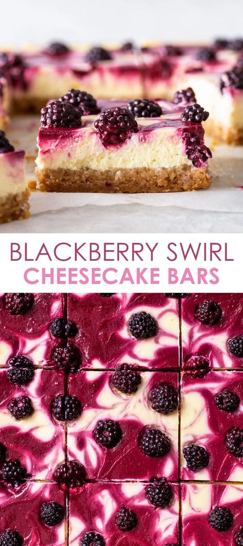 Blackberry Cheesecake Bars - These blackberry cheesecake bars are super creamy and simply bursting with flavour, thanks to an abundance of lemon zest and vanilla bean paste in the base cheesecake filling, as well as the aromatic blackberry swirl flavoured with a blackberry reduction. I’m giving you all the tips and tricks to prevent your cheesecake (bars) from cracking, without using a water bath! Cheesecake recipe. Blackberry desserts. Dessert ideas. Dessert recipes. #cheesecake #dessert Dark Chocolate Raspberry Cheesecake Bars, Blackberry Cream Cheese Recipes, Blackberry Lemon Cheesecake, Things To Make With Blackberries, Blackberry Lavender Cheesecake, Blackberry Pound Cake, Blackberry Cheesecake Bars, Blackberry Desserts, Blackberry Dessert Recipes