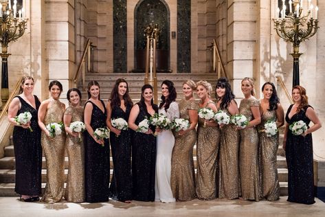 Roaring 20's wedding black + gold bridesmaid dresses at Palmer House in Chicago, Illinois. Brought to life by Florist- Stemline Creative, Planner- Citygirl Weddings and Photographer- Kent Drake. Black Ivory And Gold Wedding Bridesmaid Dresses, Bridesmaid Dresses Black And Gold, Gatsby Wedding Bridesmaids Dresses, Winter Wedding Bridesmaid Dresses Black, Black And Gold Bridal Party Attire, Black Gold Bridesmaid Dresses, Black And Gold Wedding Theme Bridesmaid Dresses, Black And Gold Bridesmaids, Gold And Black Bridal Party