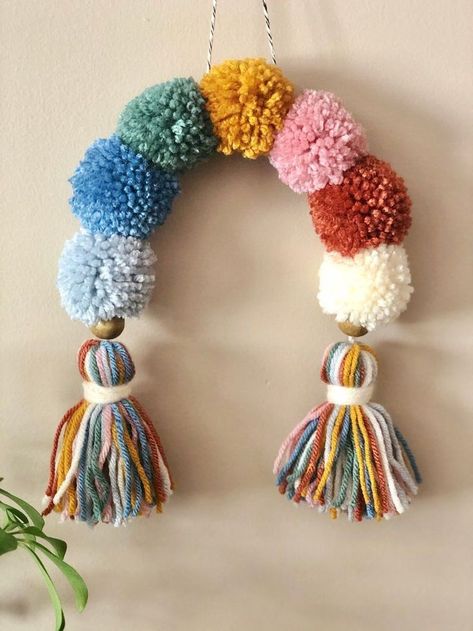 Yarn Storage Michaels Stores, Pom Pom Rainbow Craft, Pom Pom Diy Crafts, Pom Pom Yarn Crafts, Diy Pom Pom Decor, Pom Pom Gifts, Pompom Wall Hanging, Pom Pom Wall Decor, Pompom Diy Ideas