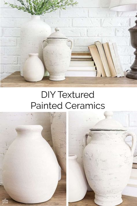 Do you have old ceramic vases around that no longer fit your style? These DIY textured painted ceramics are a great idea to consider. Ceramic Rustic Vase, Diy Paint Ceramic Vase, Plastering Vases, Textured Vase Decor, Painting Ceramic Vases Diy, Painting Old Vases, Textured Pots Diy, Diy White Vase, Plaster Pots Diy