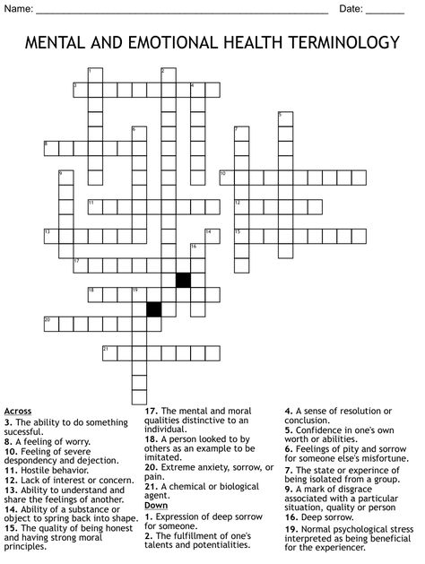 MENTAL AND EMOTIONAL HEALTH TERMINOLOGY Crossword Mental Health Work Activities, Organization Worksheets, Worksheets For Mental Health, Health Game, Leadership Activities, Health Words, Psychiatric Nursing, Health Activities