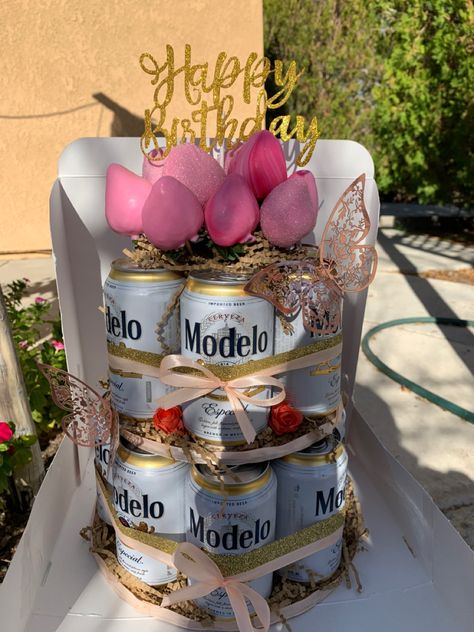 Diy Gifts For Beer Lovers, Beer Arrangements Gift Guys, Beer Flower Arrangement, Beer Flower Bouquet, Beer Bouquet For Him, Beer Cake Gift, Modelo Cake, Modelo Beer Cake, Diy Beer Cake