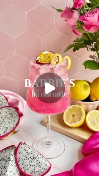 Harriet Pasco | Colourful Cocktail Recipes on Instagram: "Oh hey Barbie girl, evening sips never looked so good! 🌸🍋 Barbie’s Lemonade is your perfect pink pick-me-up to brighten up your Monday. Sweet, zesty, and oh-so-chic, it’s the ultimate way to treat yourself. Cheers to a fabulous week ahead!

BARBIES LEMONADE (makes 1)
• 1oz / 30ml dragonfruit syrup
• 1oz / 30ml passion fruit liqueur
• 1oz / 30ml white rum
• Edible glitter
• Lemon lime soda
• Garnish: pink sugar rim, passion fruit and lemon twist

1. Rim a large glass with pink sugar crystals and fill with ice.
2. Add the dragon fruit syrup, passion fruit liqueur, white rum, edible glitter and top with lemon / lime soda.
3. Garnish with half a passion fruit and a lemon twist." Dragonfruit Syrup, Dragon Fruit Syrup, Fruit Liqueur, Dragon Fruit Drink, Hey Barbie, Fruit Syrup, Poppin Bottles, Lemon Twist, Colorful Cocktails