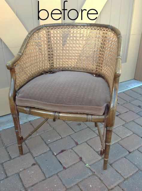 Faux Bamboo Chair Remake Bamboo Chair Makeover, Cane Chair Makeover, Upcycle Furniture, Cane Back Chairs, Wicker Armchair, Painted Bamboo, Painted Wicker, Bamboo Canes, Bamboo Chair