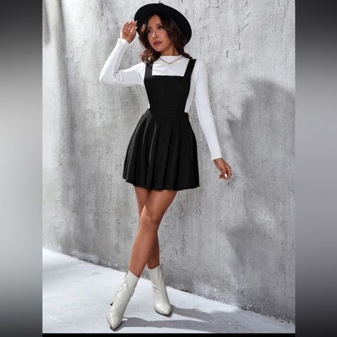 Cute Flared Dress, Regular Fit Crisscross Back Size M/L 34” Length 29” Waist 97% Polyester 3% Elastane Smoke Free Home Black Dungaree, Grunge Alternative Fashion, Corduroy Pinafore Dress, Corduroy Overall, Corduroy Overall Dress, Dungaree Dress, Clean Body, Dress Aesthetic, Belted Shirt Dress