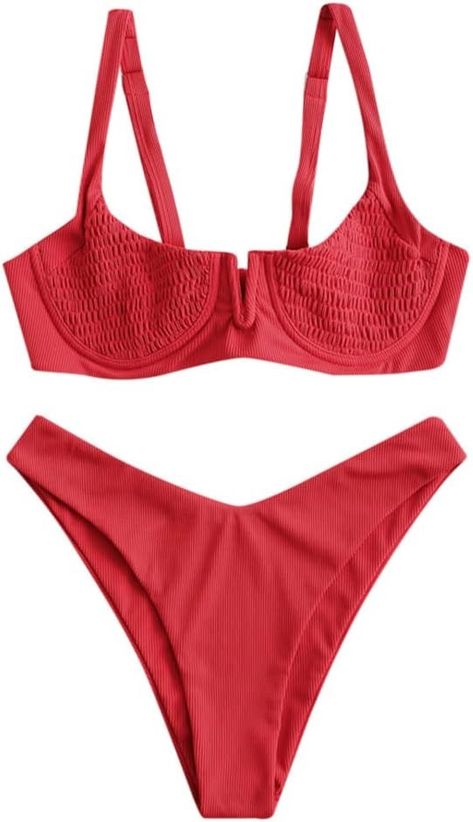 Amazon.com: ZAFUL Underwire High Leg Ribbed Bikini Swimsuit Two Pieces Set : Clothing, Shoes & Jewelry High Leg Swimsuit, Bathing Suit Dress, Trendy Bikinis, Halter Swimwear, Monokini Swimsuits, Red Swimsuit, High Leg, Butterfly Print, High Cut