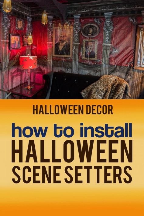 Convert your house into a haunted mansion for Halloween with these scene setters. Find out where to get scene setters and how to install them. Diy Halloween Bottles, Halloween Scene Setters, Haunted House Halloween Party, Halloween Party Drinks, Halloween Haunted House Decorations, Haunted Mansion Halloween, Scene Setters, Happy Halloween Witches, Haunted House Props