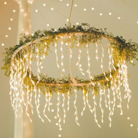 Turn a hula hoop into a gorgeous chandelier by wrapping it in twinkling lights and fresh greenery, then suspending it from the ceiling of your venue. Hula Hoop Chandelier, Shabby Chic Chandelier, Dollar Tree Wedding, Frugal Wedding, Rustic Wedding Decorations, Dollar Store Hacks, White Lights, Hula Hoop, Wedding Cake Designs