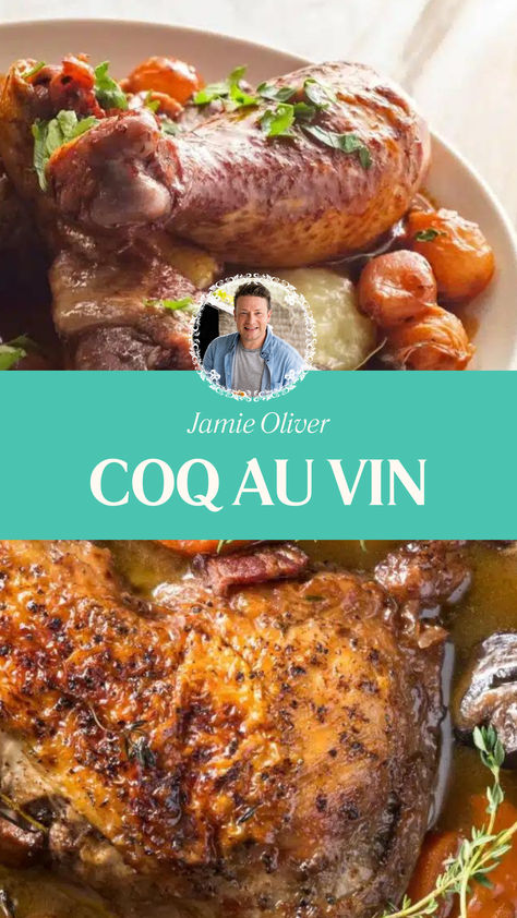 Jamie Oliver Coq Au Vin Julia Child Coq Au Vin, Cow Au Vin Slow Cooker, Cow Au Vin Recipe, Coq Au Vin Recipe Slow Cooker, Coq Au Vin Slow Cooker, Slow Cooker Coq Au Vin, French Dinner Parties, Coq Au Vin Recipe, White Wine Chicken