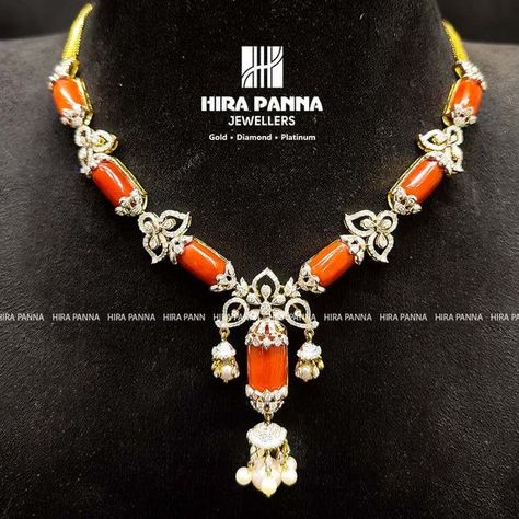 Indian Coral Jewellery Gold, Coral Necklace Indian, Coral Jewelry Indian Gold, Black Diamond Chain, Coral Jewelry Set, Diamond Necklace Simple, Gold Pearl Jewelry, Diamond Pendants Designs, Jewelry Editorial