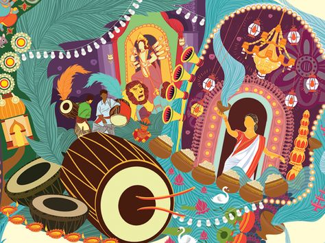 Durga Puja for Rhino on Behance Durga Puja Illustration, Durga Puja Poster, Pictorial Design, Happy Durga Puja, Bengali Art, Indian Illustration, Durga Painting, Goddess Sculpture, Festivals Of India