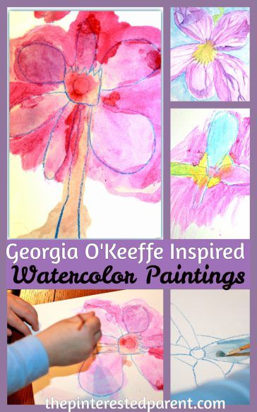 Georgia O'Keefe inspired flower watercolor paintings for kids - exploring art history & famous artists. Watercolor Paintings For Kids, Flower Watercolor Paintings, Georgia O'keefe Art, Paintings For Kids, Famous Artists For Kids, Georgia O Keefe, Master Artists, Author Study, O Keefe