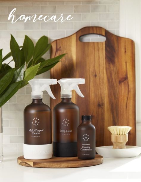 Hugh & Grace's plant-based non toxic cleaning products use coconut-derived ingredients and lemongrass for powerful, gentle cleaning. The set includes amber glass bottles and a versatile concentrate for kitchens, bathrooms, floors, and more. #NonToxicLiving #CleanHome Non Toxic Cleaning Products, Non Toxic Cleaning, Bathrooms Floors, Toxic Products, Toxic Cleaning Products, Multipurpose Cleaner, Household Cleaner, Amber Glass Bottles, Hormone Health