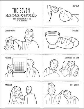 The seven sacraments of the Catholic church are baptism, confirmation, Eucharist, penance, anointing of the sick, marriage and holy orders. Sacraments Activities, Mass Worksheet, Anointing Of The Sick, The Seven Sacraments, 7 Sacraments, Catholic Kids Activities, Religion Activities, Seven Sacraments, Catholic Sacraments