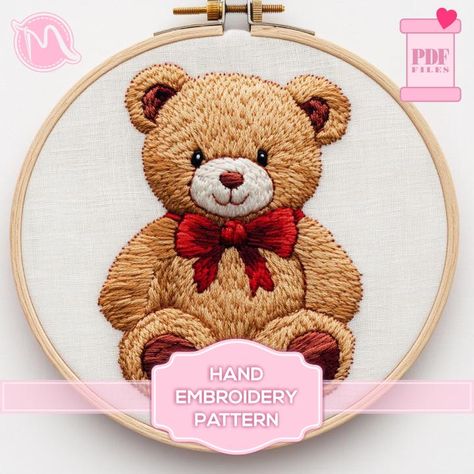 Teddy Bear with Bow Satin Stitch Embroidery Pattern: Adorable Plush Friend. Satin stitch embroidery template. Digital Pattern PDF. DIY. Teddy Bear Embroidery Patterns, Embroidered Teddy Bear, Embroidery Bear Pattern, Embroidery Teddy Bear, Teddy Bear Template, Teddy Bear Embroidery, Teddy Bear Making, Classic Teddy Bear, Bear Template