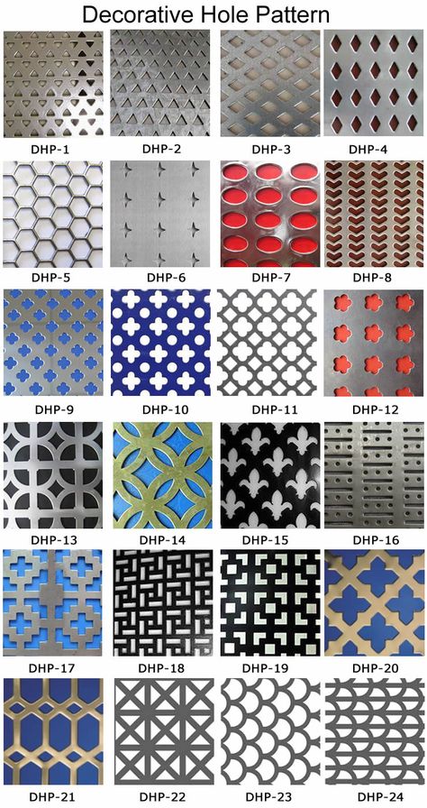 twenty four patterns of holes for decorative perforated sheets Decorative Metal Sheets, Metal Sheet Design, Perforated Metal Panel, Decorative Metal Screen, Jaali Design, Metal Facade, Metal Sheets, Window Grill Design, Perforated Metal