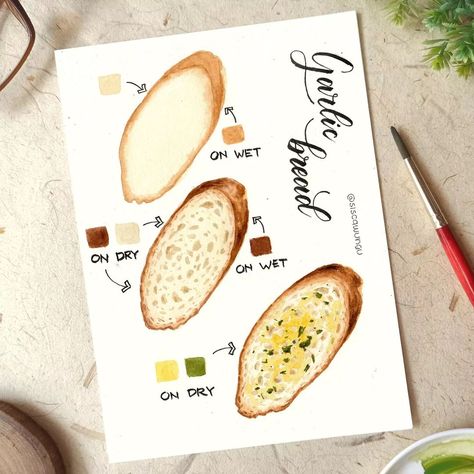 Sisca Wungu on Instagram: “Garlic bread! Easy to make and also easy to paint! What do you think? 😄” Watercolor Garlic, Watercolour Easy, Watercolor Food Illustration, Beautiful Dawn, Food Art Painting, Fun Watercolor, Easy To Paint, Paintings Tutorials, Learn Watercolor Painting