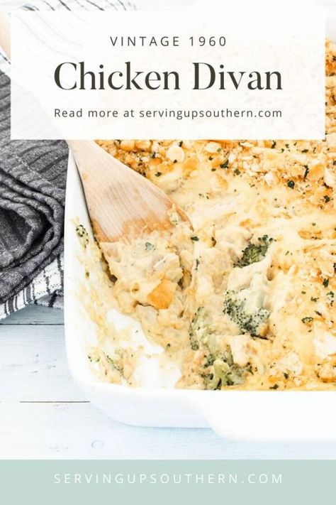 Chicken Divan - a classic chicken casserole that's easy to make and delicious. You will get enthusiastic compliments from everyone.#dinner #maindish #casserole #chicken #broccoli #leftoverchicken #rotisseriechicken #easychickendivan #chickendivan #chickendivan #chickendivancasserole #chickendivanwithcurry #familyfriendly #chickendinners #chickenrecipes #kidfriendly #freezermeal #recipe #chickendish #chickencasseroles #servingupsouthern #supper Chicken Casserole With Broccoli, Cashew Bread, Chicken Dorito, Casserole With Broccoli, Chicken Broccoli Divan, Stuffed Veggies, Chicken Divan Casserole, Chicken Divan Recipe, Favorite Casserole Recipes