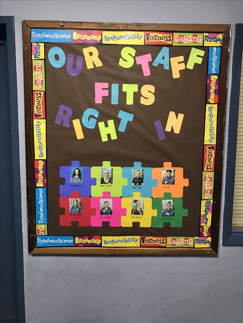 Teamwork Ideas For Work, New Employee Bulletin Board Ideas, Staff Picture Board Ideas, Daycare Staff Board, Staff Photo Wall Display, Get To Know The Staff Bulletin Board, Preschool Staff Bulletin Board, Meet The Staff Board Ideas, Work Anniversary Board Ideas