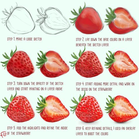 The steps I take when digitally painting a strawberry. Check my Patreon page for fully narrated digital art tutorials in Procreate Painting Strawberries, Art With Flo, Strawberry Painting, Food Strawberry, Strawberry Drawing, Strawberry Art, Procreate Ipad Art, Instagram Painting, Procreate Tutorial