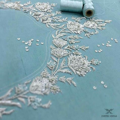 Pakistani Work Embroidery, Anarkali Embroidery Designs, Silver Zari Work Blouse, Powder Blue Shirt, Zardosi Embroidery, Embroidery Fashion Detail, Embellishment Details, Hand Beaded Embroidery, Silver Embroidery