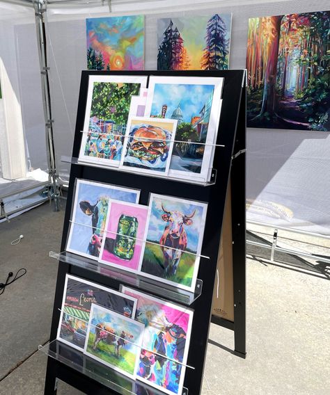 How to Create an Eye-Catching Print Rack for Your Art Fair Booth Art Display Stands Diy, Art Craft Fair Display, Art Show Print Display, Craft Fair Diy Display, Art Fair Print Display, Diy Art Display Craft Fairs, How To Set Up A Pop Up Shop, Art Print Display Stand, Diy Art Print Display