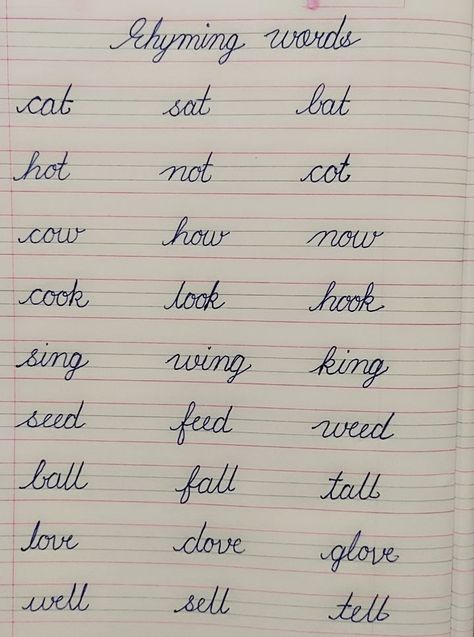 English Rhyming Words Worksheets
RHYMING WORDS
rhyming words for kids
what are rhyming words 
rhyming words in English 
three letter rhyming words
four letter rhyming words
cursive handwriting
rhyming words in Cursive handwriting 


Hello friends,
In this video we will write some rhyming words for kids in English with beautiful handwriting.

*Rhyming words*

cat-sat-bat

hot-not-cot

cow-how-now

cook-look-hook

sing-wing-king

seed-feed-weed

ball-fall-tall

love-dove-glove 

well-sell-tell Rhyming Words For Kids, English Cursive Writing, Kid Worksheets, Capital Cursive Letters, Nursery Worksheet, Cursive Writing Book, Capital Cursive, Teaching Cursive Writing, Cursive Writing Practice Sheets