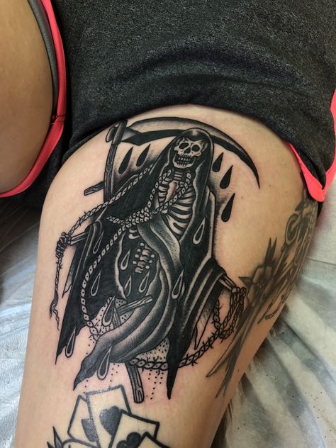 Grim Reaper Trad Tattoo, Grim Reaper Stomach Tattoo, Grim Reaper Back Tattoo, Grim Reaper Traditional Tattoo, American Traditional Grim Reaper Tattoo, Grim Reaper Tattoo Traditional, Female Grim Reaper Tattoo, Tattoos Grim Reaper, Grimm Reaper Tattoo