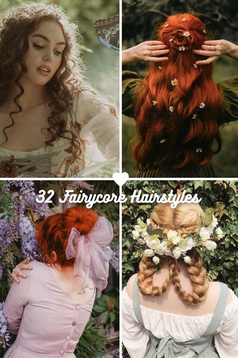 32 Fairycore Hairstyles for Ethereal Beauty: Mystical Mane 33 Dark Fairycore Hairstyles, Enchanted Fairy Hairstyles, Ren Fest Hairstyles Easy, Forest Witch Hairstyles, Fairy Buns Hair, Cottagecore Updo Hairstyles, Fairycore Hair Color, Ren Faire Hairstyles Curly Hair, Witchy Curly Hair