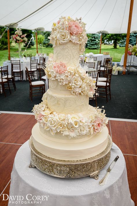 Stunning fondant wedding cake with spiraled sugar flowers Fairy Tale Wedding Cake, Fondant Wedding Cakes, Ceremony Photos, Flower Cakes, Wedding Ceremony Photos, Cake Flowers, Wedding Cakes With Flowers, White Wedding Flowers, Fairy Tale Wedding