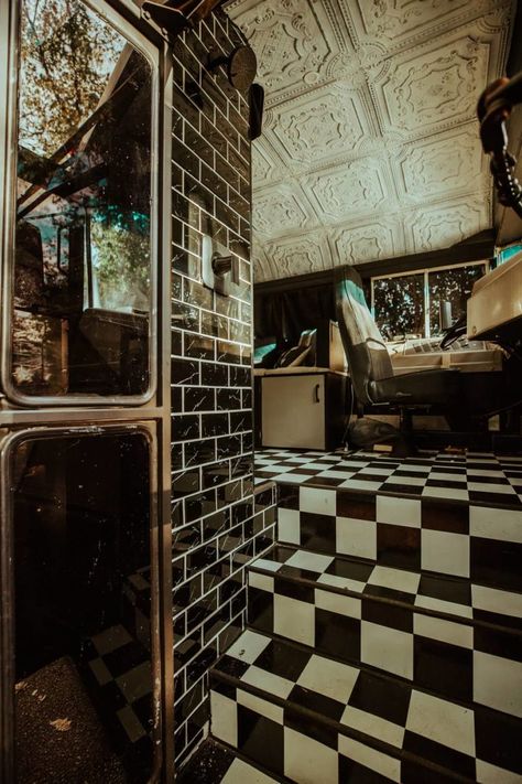 Avoid Highway: Dark & Moody Bus Conversion Refurbished Bus Tiny Homes, Gothic Rv Interior, Gothic Van Life, Gothic Rv Decor, Goth Van Life, Skokie Conversion, Skoolie Conversion Ideas, Painted School Bus, Schoolies Bus Conversion