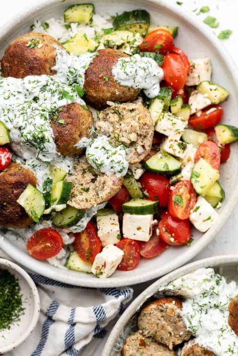 Taziki Bowl, Greek Turkey Meatball Bowls, Greek Turkey Bowls, Tzatziki Bowl, Gym Recipes, Greek Turkey Meatballs, Turkey Meatballs Healthy, Greek Turkey, Mediterranean Diet Recipes Dinners